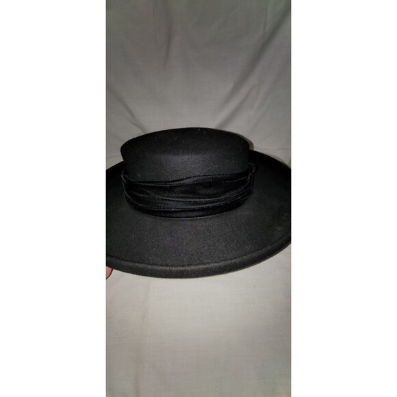 Lancaster Womens Black Wide Brim Hat 100% Wool WPL4384 Velvet Detail USA VTG
